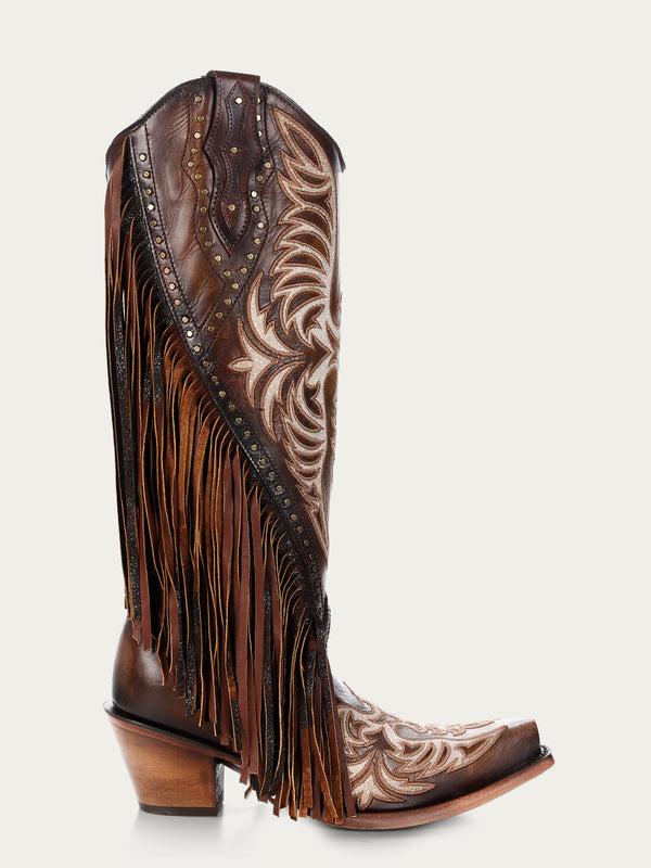 Corral Boots C4165 - WOMEN'S EAGLE EMBROIDERY STUDS AND LAMB FRINGES HONEY TALL TOP SNIP TOE COWBOY BOOT