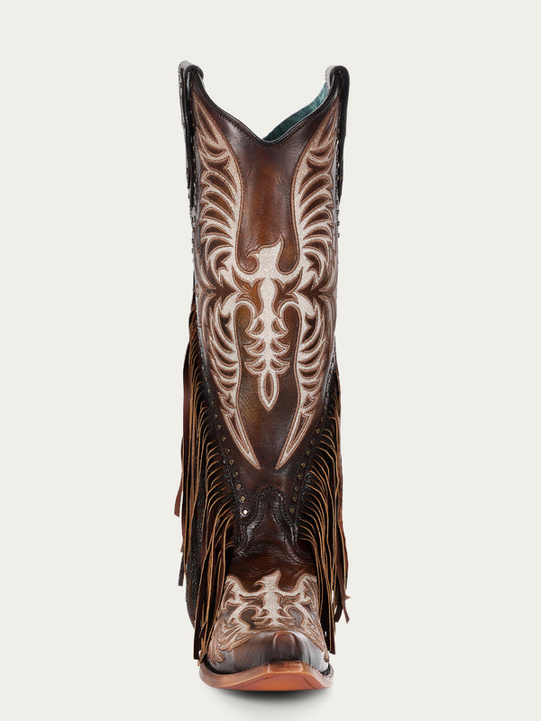 Corral Boots C4165 - WOMEN'S EAGLE EMBROIDERY STUDS AND LAMB FRINGES HONEY TALL TOP SNIP TOE COWBOY BOOT