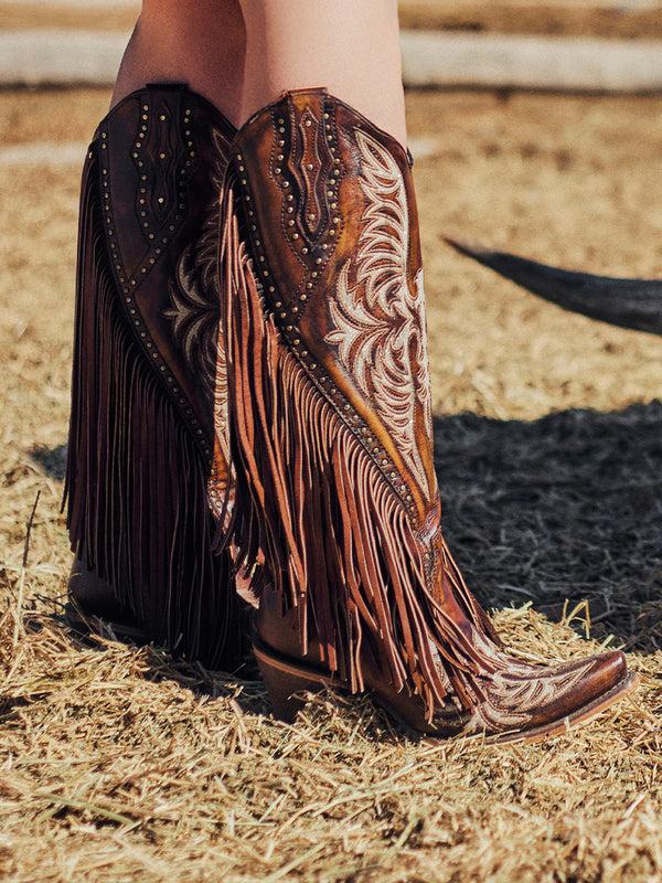 Corral Boots C4165 - WOMEN'S EAGLE EMBROIDERY STUDS AND LAMB FRINGES HONEY TALL TOP SNIP TOE COWBOY BOOT