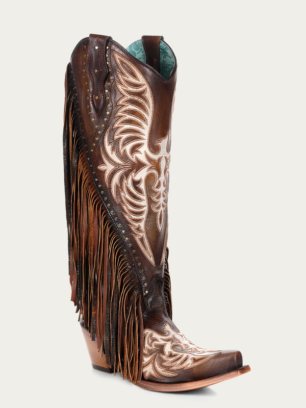 corral boots C4165 - WOMEN'S EAGLE EMBROIDERY STUDS AND LAMB FRINGES HONEY TALL TOP SNIP TOE COWBOY BOOT