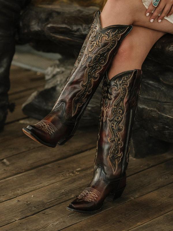 Corral Boots C4168 - WOMEN'S GOLD RUBBER OVERLAY APLICATION AND EMBROIDERY CHOCOLATE TALL TOP SNIP TOE COWBOY BOOT