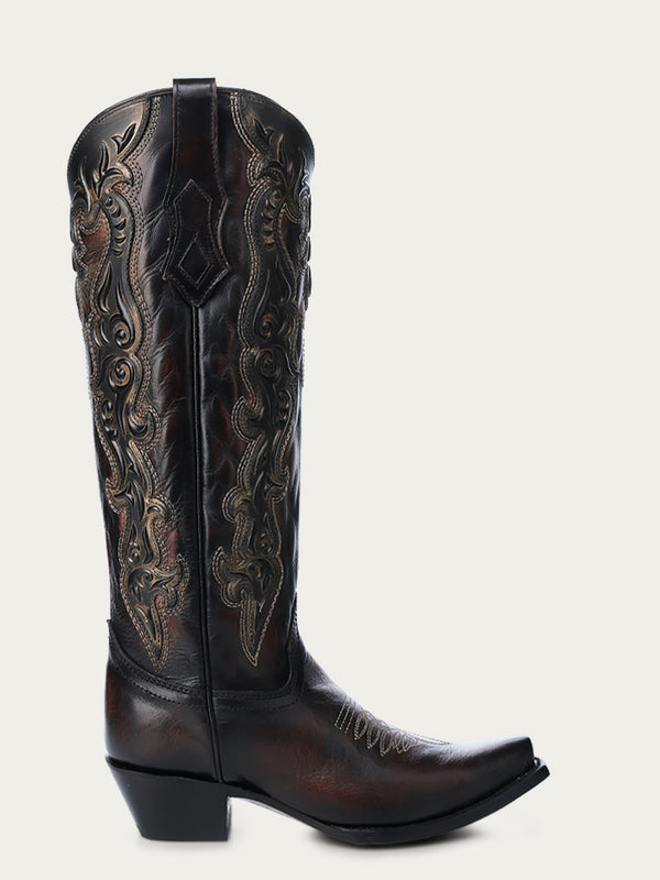 Corral Boots C4168 - WOMEN'S GOLD RUBBER OVERLAY APLICATION AND EMBROIDERY CHOCOLATE TALL TOP SNIP TOE COWBOY BOOT