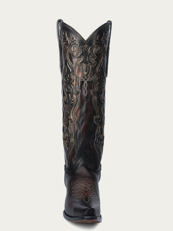 Corral Boots C4168 - WOMEN'S GOLD RUBBER OVERLAY APLICATION AND EMBROIDERY CHOCOLATE TALL TOP SNIP TOE COWBOY BOOT
