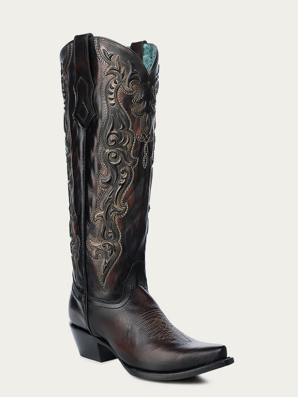 corral boots C4168 - WOMEN'S GOLD RUBBER OVERLAY APLICATION AND EMBROIDERY CHOCOLATE TALL TOP SNIP TOE COWBOY BOOT