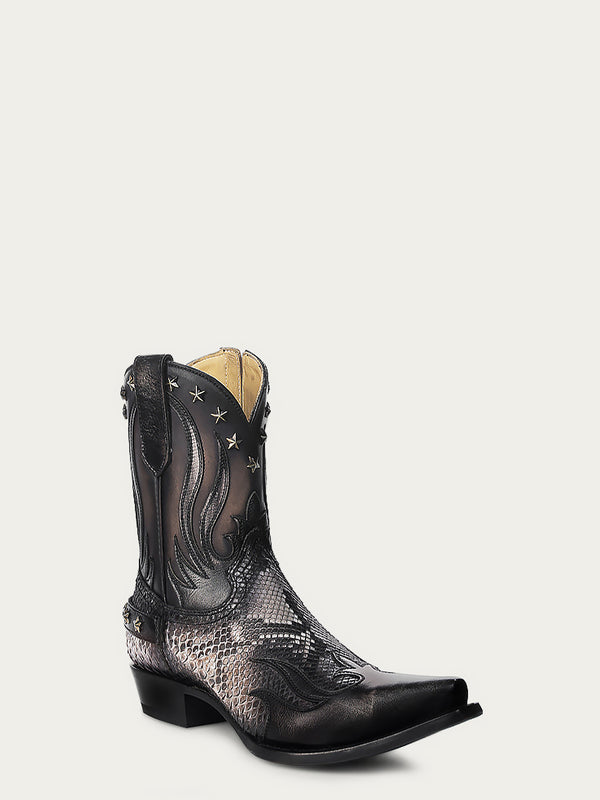 corral boots C4205 - MEN'S BLACK EMBROIDERY AND STUDS WING TIP NATURAL PYTHON SNIP TOE SHORT COWBOY BOOT