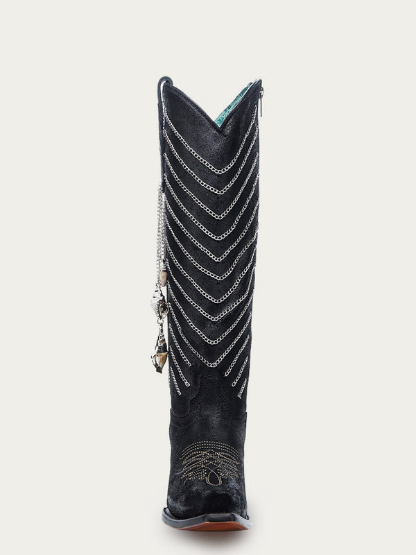 Corral Boots C4217 - WOMEN'S EMBROIDERY AND DELICATE CHAIN DETAILS WITH SHELL HANGING TALL TOP BLACK SNIP TOE COWBOY BOOT