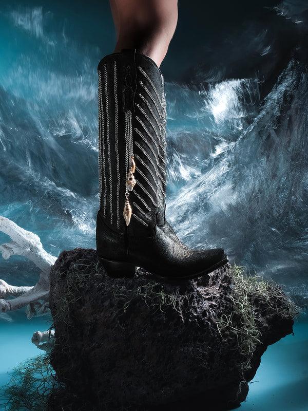 Corral Boots C4217 - WOMEN'S EMBROIDERY AND DELICATE CHAIN DETAILS WITH SHELL HANGING TALL TOP BLACK SNIP TOE COWBOY BOOT