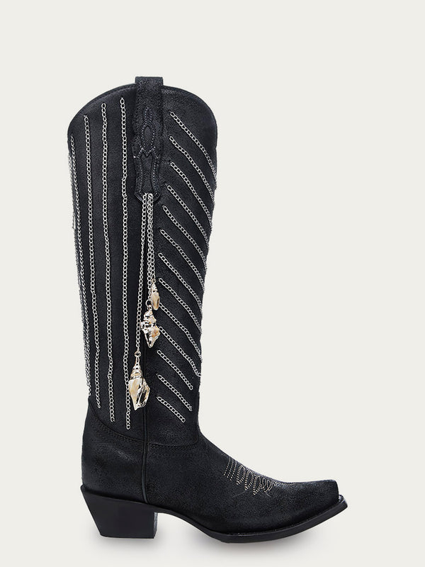 Corral Boots C4217 - WOMEN'S EMBROIDERY AND DELICATE CHAIN DETAILS WITH SHELL HANGING TALL TOP BLACK SNIP TOE COWBOY BOOT