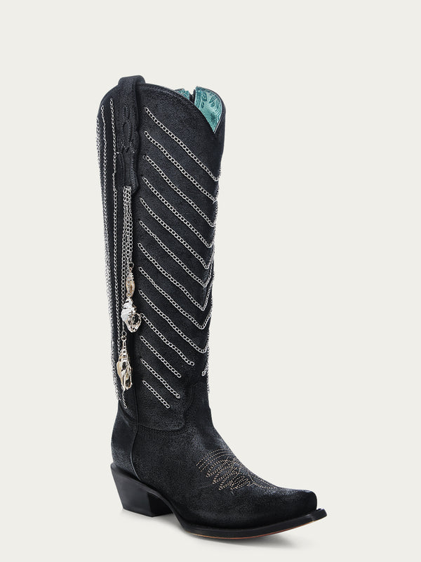 corral boots C4217 - WOMEN'S EMBROIDERY AND DELICATE CHAIN DETAILS WITH SHELL HANGING TALL TOP BLACK SNIP TOE COWBOY BOOT