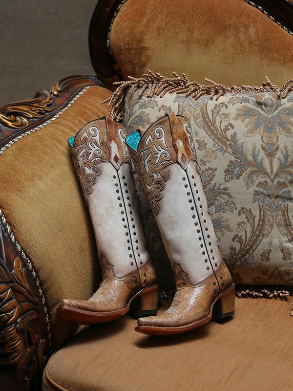 Corral Boots C4218 - WOMEN'S HONEY OVERLAY EMBROIDERY AND STUDS TALL TOP BONE SNIP TOE COWBOY BOOT