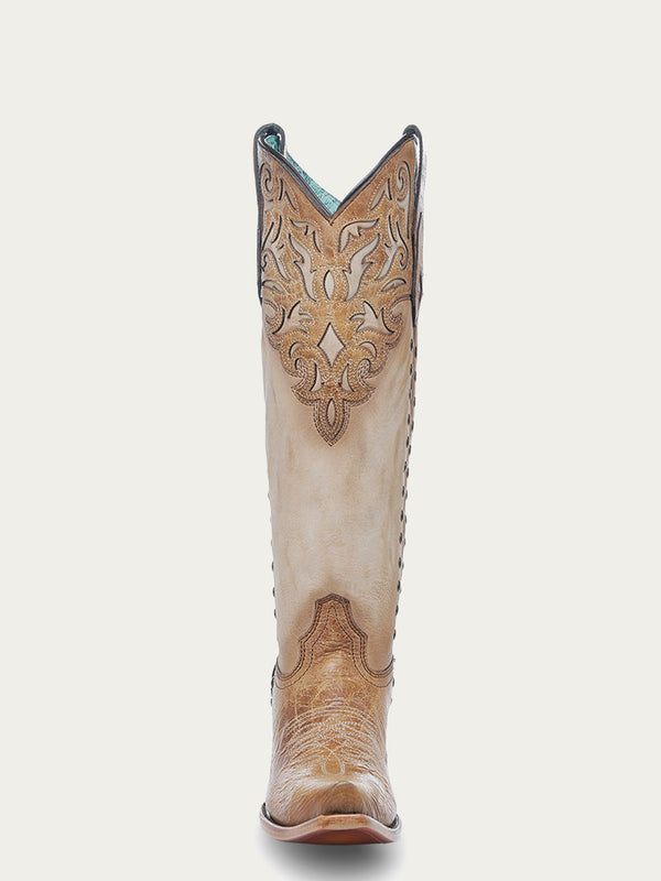 Corral Boots C4218 - WOMEN'S HONEY OVERLAY EMBROIDERY AND STUDS TALL TOP BONE SNIP TOE COWBOY BOOT