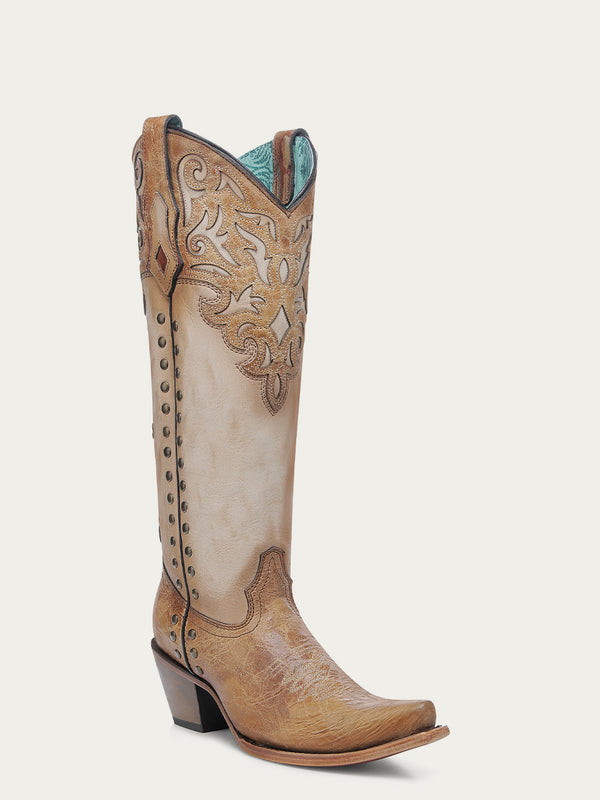 corral boots C4218 - WOMEN'S HONEY OVERLAY EMBROIDERY AND STUDS TALL TOP BONE SNIP TOE COWBOY BOOT corral boots C4218 - WOMEN'S HONEY OVERLAY EMBROIDERY AND STUDS TALL TOP BONE SNIP TOE COWBOY BOOT