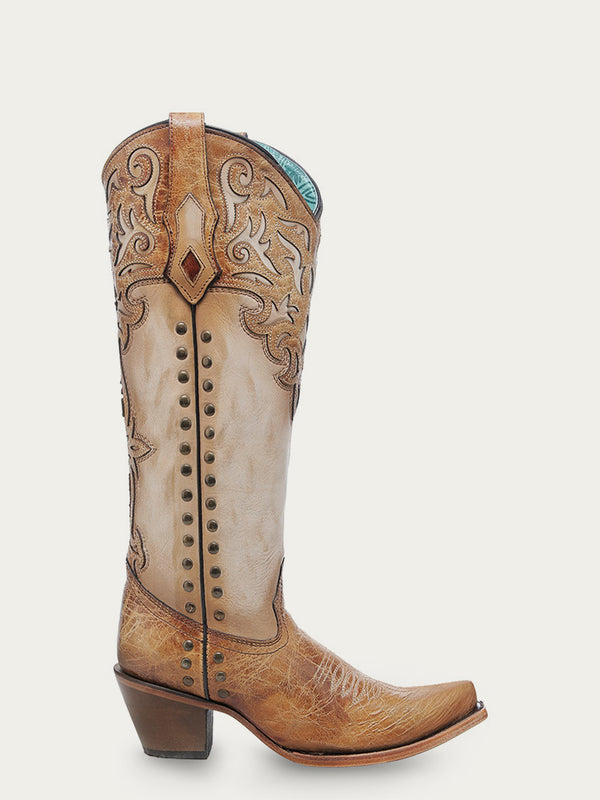 Corral Boots C4218 - WOMEN'S HONEY OVERLAY EMBROIDERY AND STUDS TALL TOP BONE SNIP TOE COWBOY BOOT