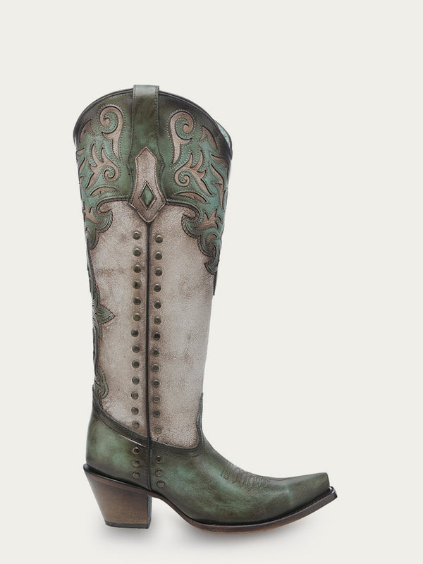 Corral Boots C4219 - WOMEN'S TURQUOISE OVERLAY EMBROIDERY AND STUDS TALL TOP BONE SNIP TOE COWBOY BOOT