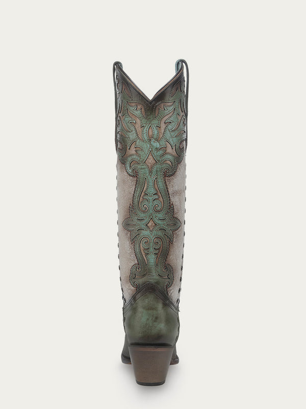 Corral Boots C4219 - WOMEN'S TURQUOISE OVERLAY EMBROIDERY AND STUDS TALL TOP BONE SNIP TOE COWBOY BOOT