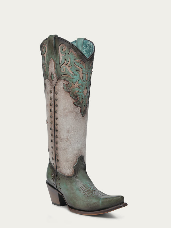 corral boots C4219 - WOMEN'S TURQUOISE OVERLAY EMBROIDERY AND STUDS TALL TOP BONE SNIP TOE COWBOY BOOT corral boots C4219 - WOMEN'S TURQUOISE OVERLAY EMBROIDERY AND STUDS TALL TOP BONE SNIP TOE COWBOY BOOT