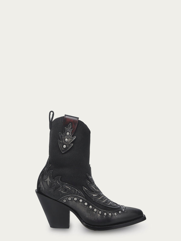 Corral Boots C4220 - WOMEN'S EMBOIDERY OVERLAY AND STUDS BLACK ELASTIC TEXTILE SNIP TOE COWBOY BOOT