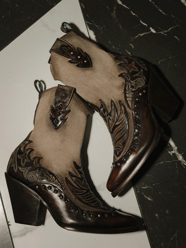 Corral Boots C4222 - WOMEN'S BROWN EMBROIDERY OVERLAY AND STUDS BONE ELASTIC TEXTILE SNIP TOE COWBOY BOOT