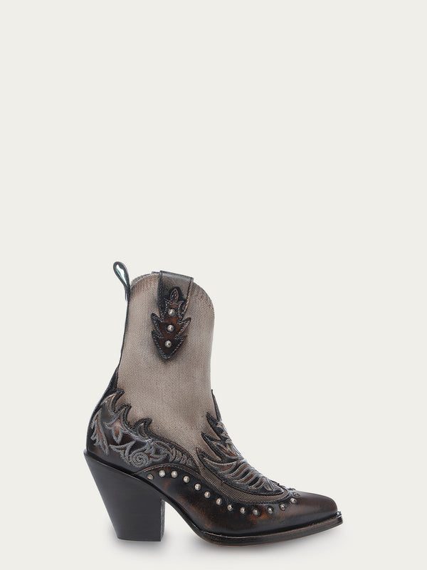 Corral Boots C4222 - WOMEN'S BROWN EMBROIDERY OVERLAY AND STUDS BONE ELASTIC TEXTILE SNIP TOE COWBOY BOOT