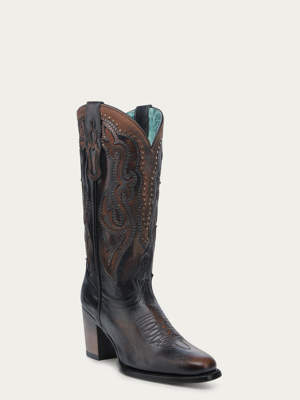 corral boots C4232 - WOMEN'S HONEY INLAY EMBROIDERY AND STUDS BLACK NARROW SQUARE TOE COWBOY BOOT