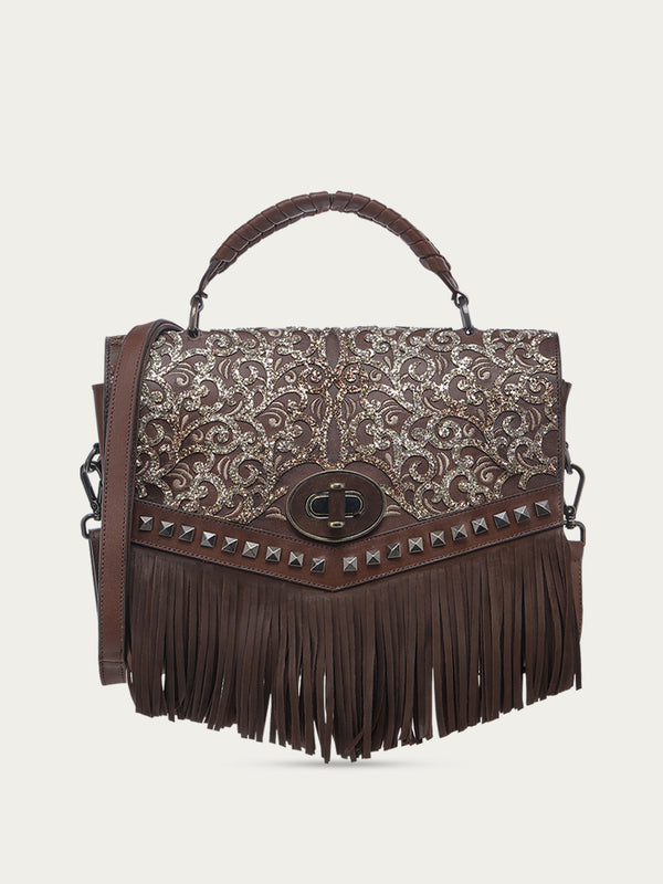 Corral Boots D1348 - WOMNE'S CHOCOLATE FRINGE AND OVERLAY GLITTLER SADDLE BAG