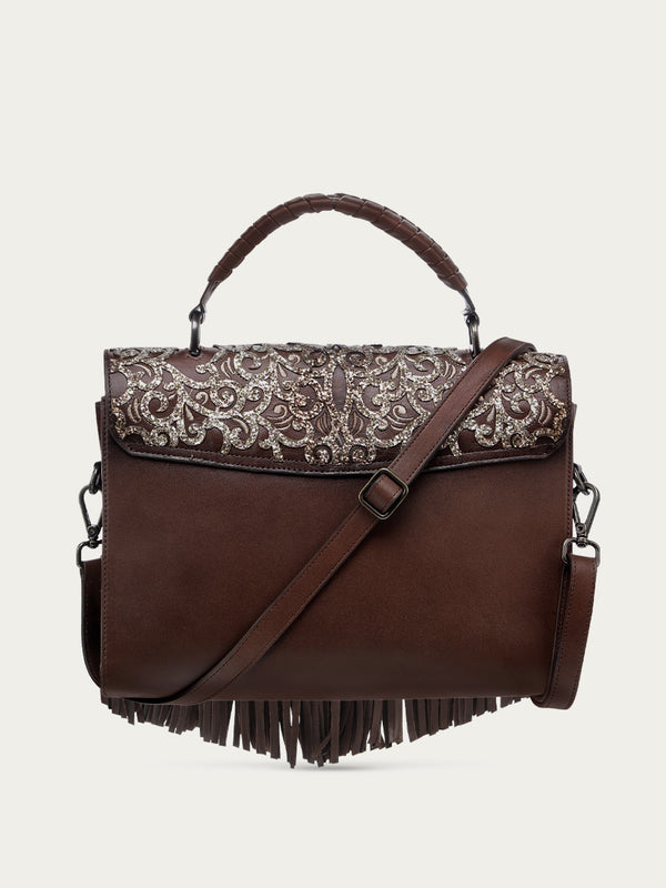 Corral Boots D1348 - WOMNE'S CHOCOLATE FRINGE AND OVERLAY GLITTLER SADDLE BAG