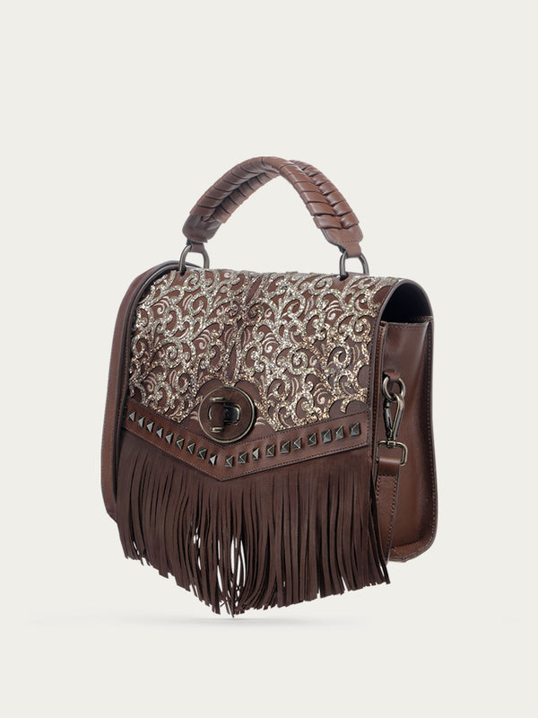 corral boots D1348 - WOMNE'S CHOCOLATE FRINGE AND OVERLAY GLITTLER SADDLE BAG