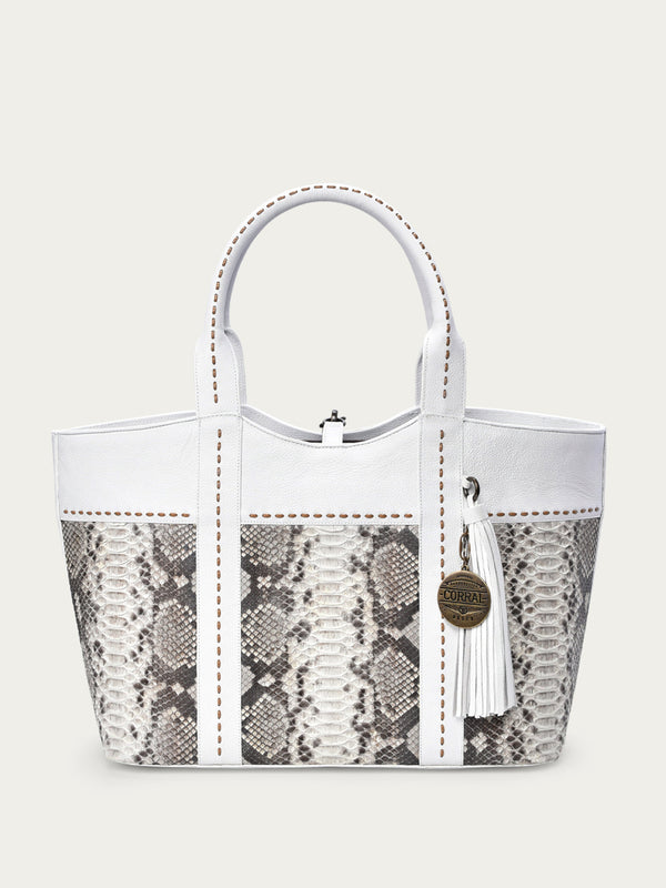 Corral Boots D1351 - WOMEN'S WHITE PYTHON TASSEL TOTE BAG