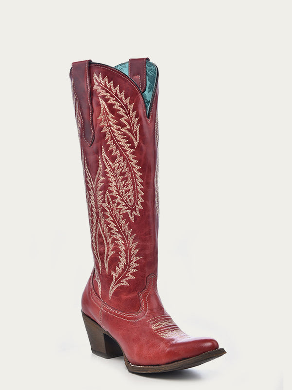 corral boots E1318 - WOMEN'S EMBROIDERY RED TALL TOP SNIP TOE COWBOY BOOT