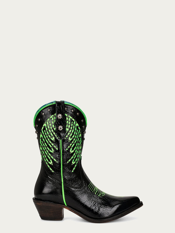 Corral Boots F1310 - WOMEN'S NEON GREEN FLUORESCENT EMBROIDERY WITH STUDS AND ZIPPER BLACK ANKEL BOOT