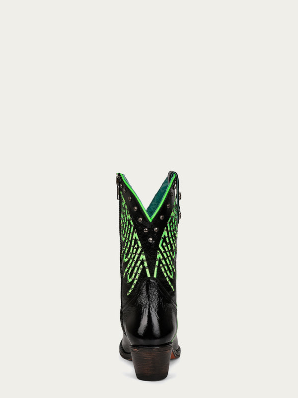 Corral Boots F1310 - WOMEN'S NEON GREEN FLUORESCENT EMBROIDERY WITH STUDS AND ZIPPER BLACK ANKEL BOOT