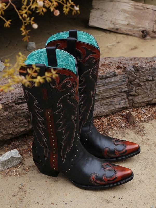 Corral Boots F1352 - WOMEN'S COGNAC EMBROIDERY AND STUDS BLACK SNIP TOE COWBOY BOOT WITH SIDE ZIPPER TRIAD