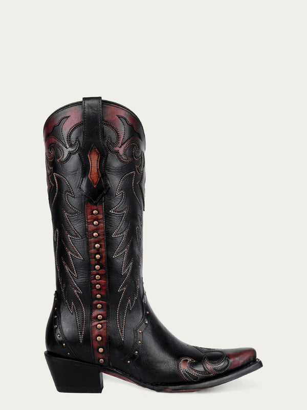 Corral Boots F1352 - WOMEN'S COGNAC EMBROIDERY AND STUDS BLACK SNIP TOE COWBOY BOOT WITH SIDE ZIPPER TRIAD