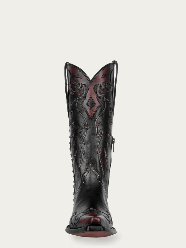 Corral Boots F1352 - WOMEN'S COGNAC EMBROIDERY AND STUDS BLACK SNIP TOE COWBOY BOOT WITH SIDE ZIPPER TRIAD