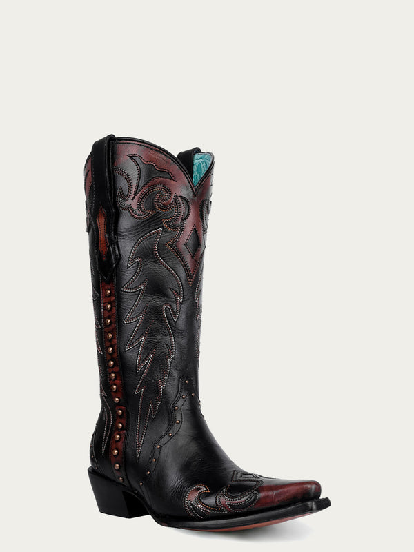 corral boots F1352 - WOMEN'S COGNAC EMBROIDERY AND STUDS BLACK SNIP TOE COWBOY BOOT WITH SIDE ZIPPER TRIAD