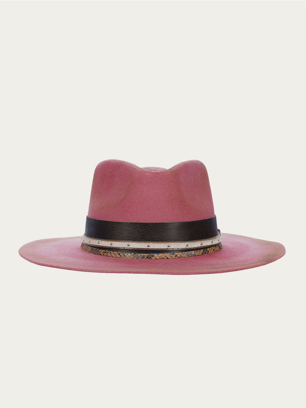 Corral Boots H0001 - DISTRESSED PINK HEART AND WINGS ON CROWN COWGIRL HAT WITH BROWN LEATHER CROSSPIECE AND PYTHON PRINT HATBAND