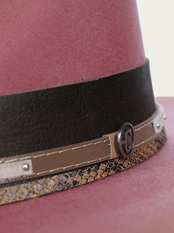 Corral Boots H0001 - DISTRESSED PINK HEART AND WINGS ON CROWN COWGIRL HAT WITH BROWN LEATHER CROSSPIECE AND PYTHON PRINT HATBAND