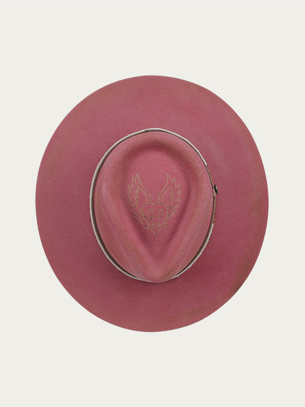 Corral Boots H0001 - DISTRESSED PINK HEART AND WINGS ON CROWN COWGIRL HAT WITH BROWN LEATHER CROSSPIECE AND PYTHON PRINT HATBAND