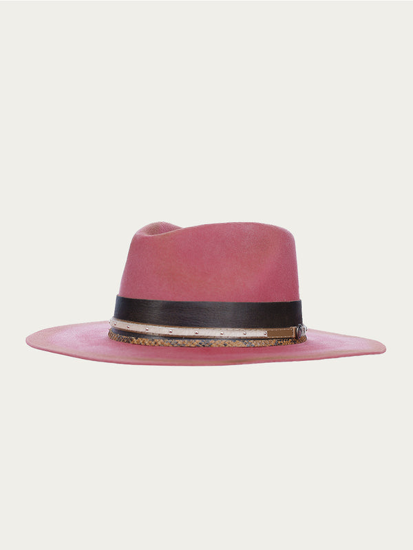 corral boots H0001 - DISTRESSED PINK HEART AND WINGS ON CROWN COWGIRL HAT WITH BROWN LEATHER CROSSPIECE AND PYTHON PRINT HATBAND