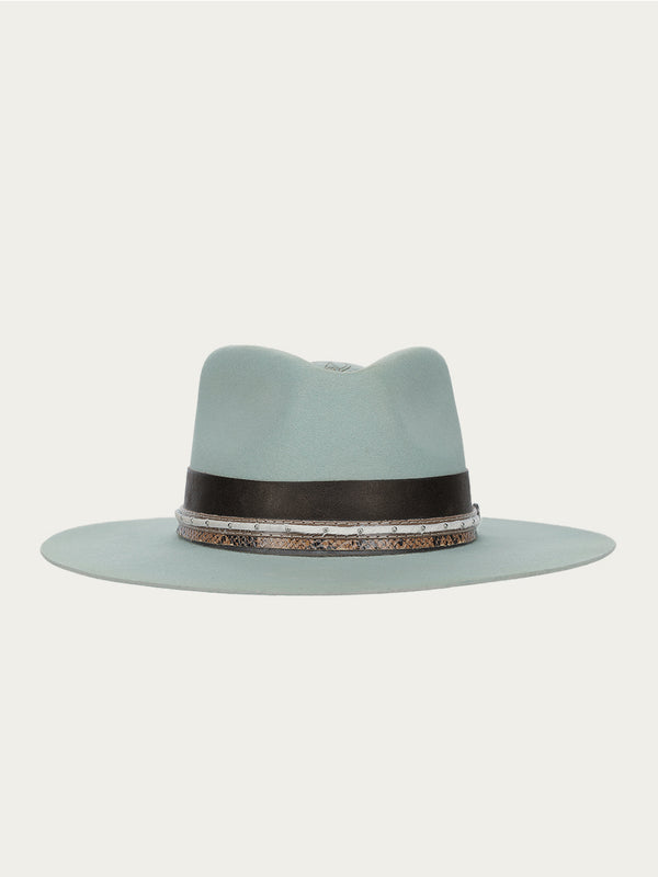 Corral Boots H0002 - DISTRESSED AQUA HEART AND WINGS ON CROWN COWGIRL HAT WITH BROWN LEATHER CROSSPIECE AND PYTHON PRINT HATBAND