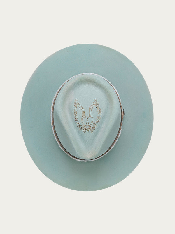 Corral Boots H0002 - DISTRESSED AQUA HEART AND WINGS ON CROWN COWGIRL HAT WITH BROWN LEATHER CROSSPIECE AND PYTHON PRINT HATBAND