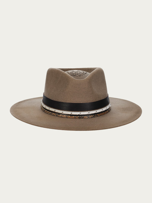 Corral Boots H0004 - DISTRESSED TAN HEART AND WINGS ON CROWN COWGIRL HAT WITH BROWN LEATHER CROSSPIECE AND PYTHON PRINT HATBAND