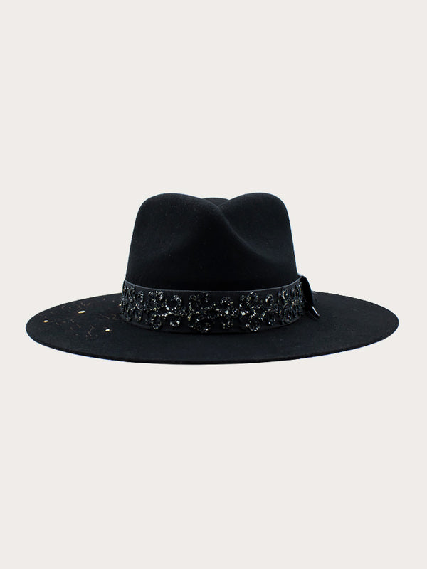 Corral Boots H0006 - BLACK COWGIRL HAT WITH BROWN FLORAL EMBROIDERY GLITTERED OVERLAY HATBAND WITH BROWN FEATHER