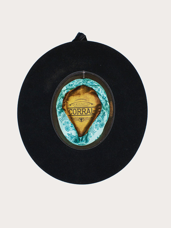 Corral Boots H0006 - BLACK COWGIRL HAT WITH BROWN FLORAL EMBROIDERY GLITTERED OVERLAY HATBAND WITH BROWN FEATHER