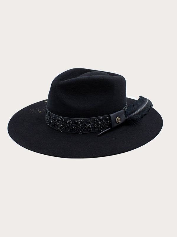 corral boots H0006 - BLACK COWGIRL HAT WITH BROWN FLORAL EMBROIDERY GLITTERED OVERLAY HATBAND WITH BROWN FEATHER