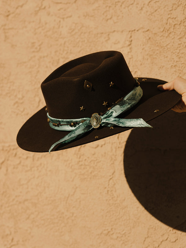 Corral Boots H0013 - DARK BROWN COWGIRL HAT WITH FABRIC HATBAND WITH CONCHOS