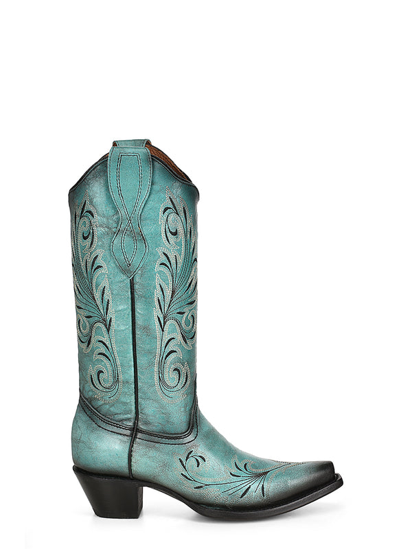 Corral Boots L2076 - WOMEN'S WHITE AND BLACK EMBROIDERY TURQUOISE SNIP TOE COWBOY BOOT