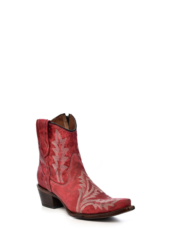 corral boots L5704 - WOMEN’S EMBROIDERY AND ZIPPER RED SNIP TOE ANKLE COWBOY BOOT
