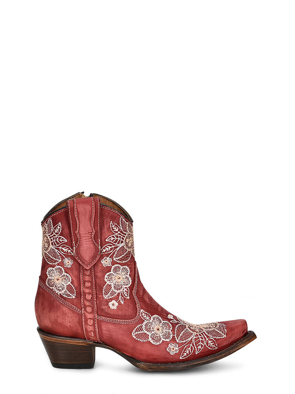 Corral Boots L5875 - WOMEN'S BONE FLORAL EMBROIDERY AND ZIPPER RED SNIP TOE ANKLE COWBOY BOOT
