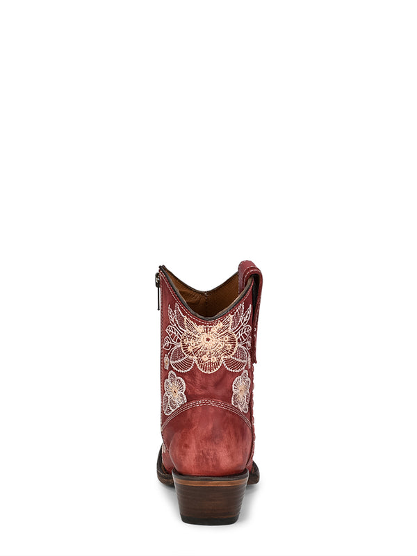 Corral Boots L5875 - WOMEN'S BONE FLORAL EMBROIDERY AND ZIPPER RED SNIP TOE ANKLE COWBOY BOOT